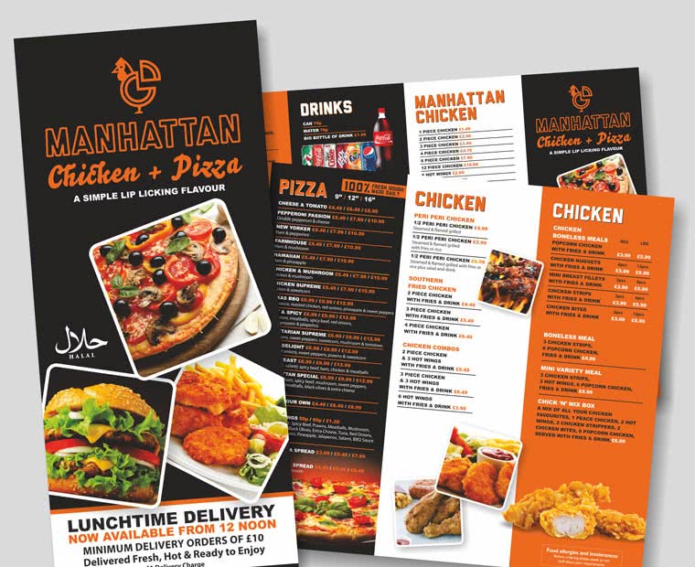Manhattan Chicken & Pizza Takeaway - A4 Menu Printing Standard Half Fold from Low Cost Menus.